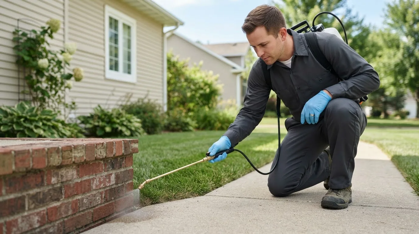 Pest control technician treating a home near Lamoni, IA