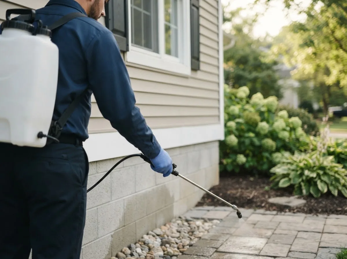 Pest control technician inspecting a home in Lamoni, IA